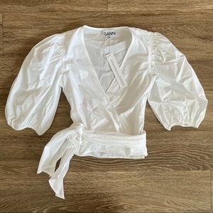 GANNI • plain cotton poplin wrap blouse